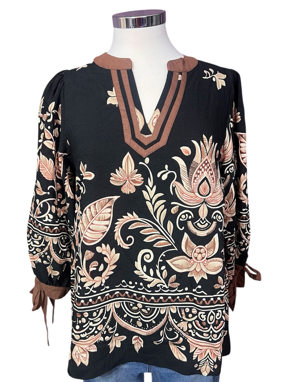 Umgee Black Brown Tan Floral Multi Print 3/4 sleeve Top